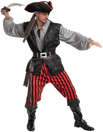 Spooktacular Creations Men Pirate Costume, Adult Pirate Shirt Vest Viking Pants Hat Set for Halloween Themed Parties