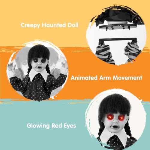 JOYIN Halloween Animatronic School Girl in Black Dress Decoration Outdoor, Sound Activated Spooky Ghost Doll Prop with Glowing LED Eyes, Creepy Sounds, Scary Haunted House Props for Yard Lawn