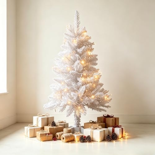 4ft White Mini Artificial Christmas Tree Hinged Design with 100 Battery Powered LED Lights, 202 PVC Tips Small White Xmas Tree for Apartment Corner Office Indoor Holiday Party Decorations