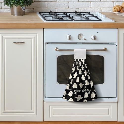 Halloween Kitchen Hanging Towel Set of 2 Black White Spooky Ghost Kitchen Hand Towels with Hanging Loops Dish Washcloth Soft Absorbent Bath Tie Towel for Bathroom Decor