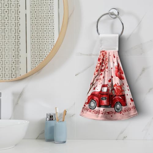 Valentine Hanging Kitchen Towels Red Truck Gnome Love Heart Tree Hand Towel with Hanging Loop Sweet Romantic Dish Tie Towels Bath Towel for Anniversary Wedding Home Decor Set of 2