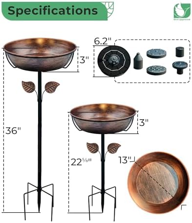 13" Solar Bird Bath with LED Fountain, 1.4 Gal Metal Birdbath