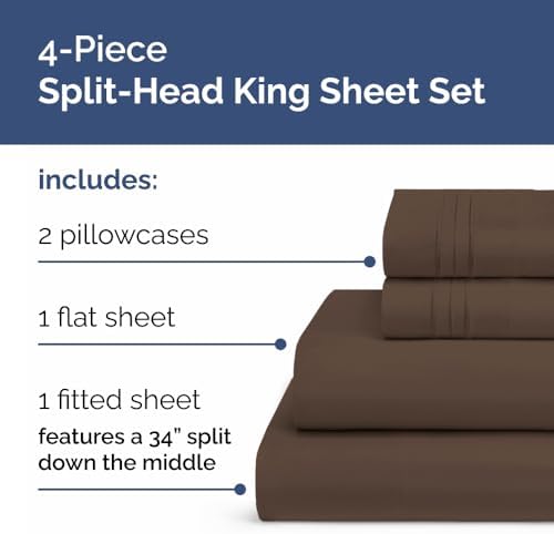 Flex Top Split Head King 4 Piece Sheet Set - Ultra-Soft, Breathable - Brown