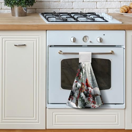 Winter Cardinal Hanging Kitchen Towels Christmas Red Birds Snow Holly Hand Towels with Hanging Loop Xmas Oven Stove Dish Towels Soft Absorbent Bath Tie Towel for Farmhouse Decor Set of 2