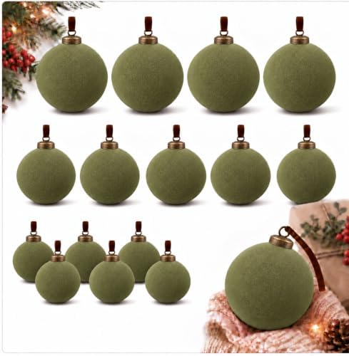 Velvet Flocked Christmas Ornaments Set – Premium Shatterproof Christmas Ball Ornaments with Brass Metal Caps, Assorted Sizes for Christmas Tree, Holiday & Seasonal Home Décor (Green 15pcs)