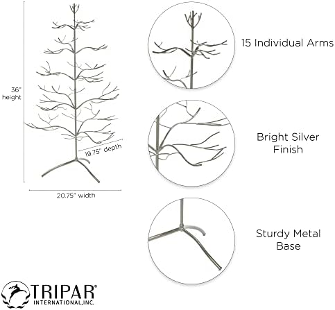 Tripar Christmas Tree Ornament & Jewelry Display, Silver Finish (3 Foot Height) - Decorative Wire Stand and Necklace Holder - 5 Tiers of Branches, Perfect for Wrought Iron Trees - Perfect Holiday Gift