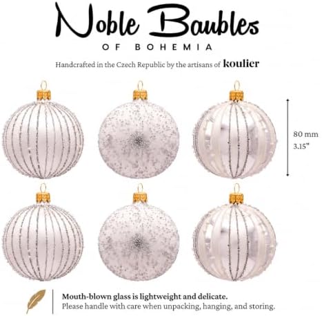 Luxury Handcrafted European Glass Christmas Ball Ornaments - Set of 6 - Silver & White - Frosted Luxe - 8 cm - Mouth-Blown & Hand-Painted