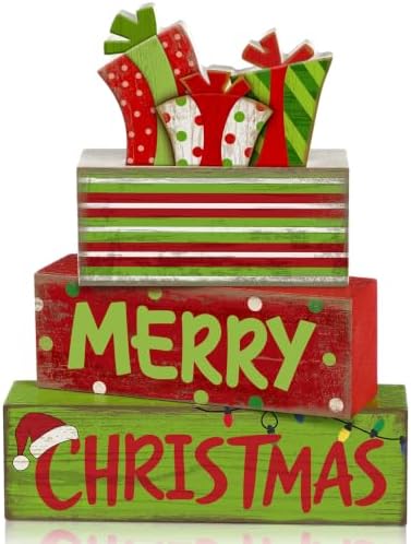 Lineshading 4 Pcs Christmas Table Decor - Red Lime Green Gift Box Wood Sign