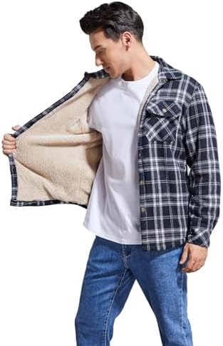 Men's Sherpa Cotton Flannel Shirt Jacket Plaid Button Coat Pocket