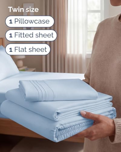 Twin Size 3 Piece Sheet Set - Comfy Breathable & Cooling Sheets - Sky Blue