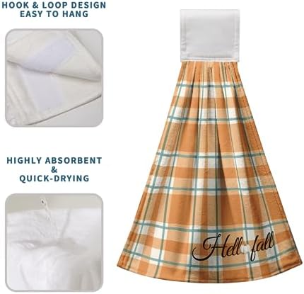Fall Autumn Hand Towel with Hanging Loop Set of 2 Thanksgiving Country Orange Hanging Kitchen Towels Checkered Plaid Tartan Dishcloth Fingertip Bath Tie Towels for Bathroom Farmhouse Decor