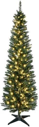 HOMCOM 7' Tall Pre-Lit Slim Noble Fir Artificial Pencil Christmas Tree with 200 Warm White LED Lights and 499 Tips, for Christmas Decoration, Green