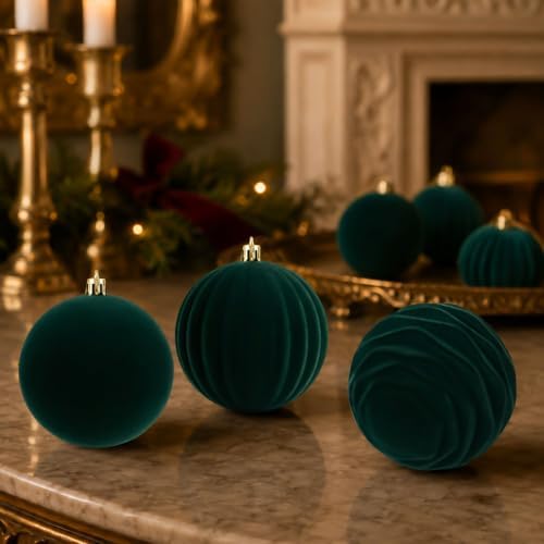 9Pcs Green Velvet Christmas Ornaments 3.94In Balls for Christmas Tree Deco