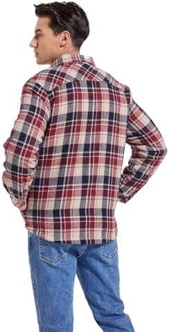 Men's Sherpa Cotton Flannel Shirt Jacket Plaid Button Coat Pocket