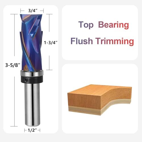 SpeTool Coated Top Bearing Flush Trim Router Bit 1/2" Shank, Carbide Spiral Up-Down Pattern Template Flush Cut Router Bit for Wood Trimming