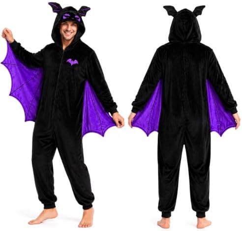 Adult Bat Costume Pajamas Flannel Hooded Onesie with Wings for Halloween