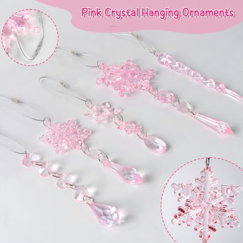 36pcs Crystal Christmas Ornaments for Tree Decorations, Pink Hanging Acrylic Snowflake Icicle Star Ornaments with Drop Pendants for Winter Wonderland Chandelier Crystals Decorations Supplies