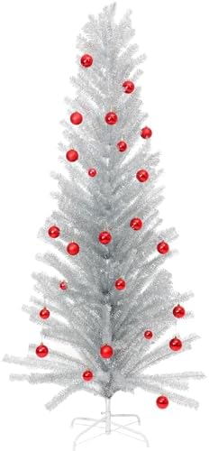 RoundFunny 7 ft Mid Century Modern Aluminum Christmas Tree Artificial Retro Silver Xmas Tree Fake Tinsel Christmas Trees for Home Office Xmas Party Decor