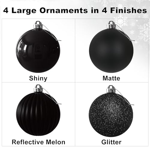 Black 4.0" Large Christmas Balls - Christmas Tree Decoration Ornaments Shatterproof Hanging Balls for Birthday Halloween Holiday Wedding Decorations Set of 4pcs