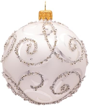 Luxury Handcrafted European Glass Christmas Ball Ornaments - Set of 6 - Silver & White - Satin & Shine - 8 cm - Mouth-Blown & Hand-Painted