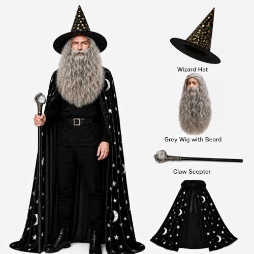 Wizard Costume Men with Wig Wizard Outfit Adult Warlock Robe