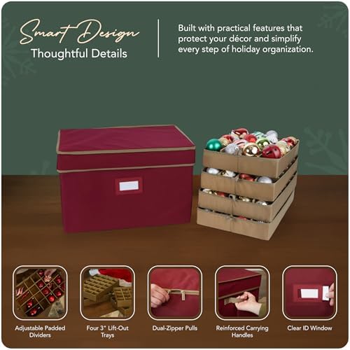 Covermates Adjustable Ornament Storage Box, 19.25" W x 13" D x 12.5" H, Red