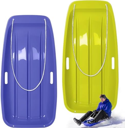 Poen 2 Pcs Plastic Snow Sled 35" Downhill Sprinter Winter Toboggan Sled Board with Pull Rope and Handles Snow Sleds for Kids Adults Downhill Sledding Sleigh Sand Board Sleigh