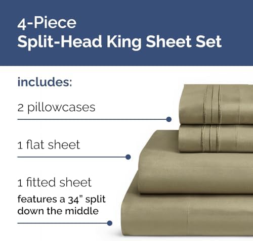 Flex Top Split Head King 4 Piece Sheet Set - Ultra-Soft, Breathable - Khaki