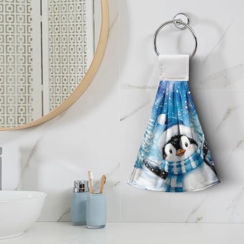 Winter Penguin Blue Kitchen Hanging Towels Set of 2 Cute Snowman Snowflakes Christmas Hand Towels with Hanging Loop Tea Bar Dish Cloths Dry Towel Soft Absorbent Fingertip Bath Tie Towel for Bathroom