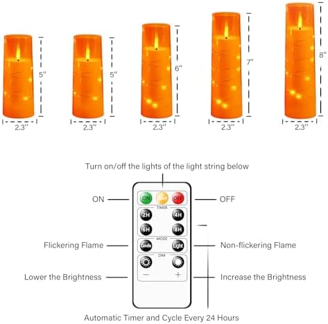 kakoya Flameless LED Candles with Timer 5 Pc Flickering Flameless Candles for Romantic Ambiance and Home Decoration Stable Acrylic Shell,with Embedded Star String，Battery Operated Candles（Orange）