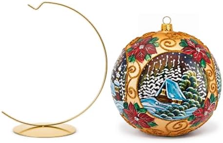 Hand Blown Glass Christmas Ornaments Ball, Golden Poinsettia 8 in + Stand