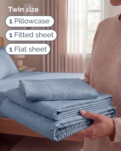 Twin Size 3 Piece Sheet Set - Breathable & Cooling Sheets - Heathered Blue