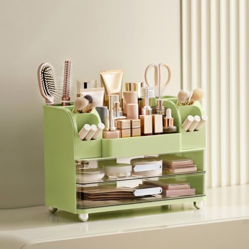 HBlife Makeup Organizer for Vanity with Brush Holder, Large Bathroom Countertop Cosmetic Organizer Skincare Storage, Easy to Store Lipsticks, Nail Polishes, Perfumes, Eyeshadow Palettes, Avocado Green