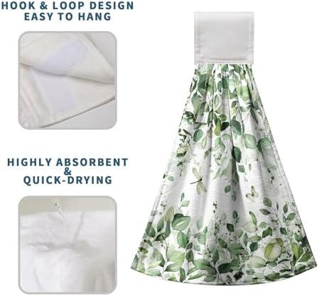 Eucalyptus Leaves Hanging Hand Towels Sage Green Leaf Kitchen Towels with Hanging Loop Spring Summer Floral Farmhouse Greenery Tea Dish Towels Soft Absorbent Fingertip Bath Tie Towels for Bathroom