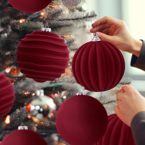 Syhood 4 Pcs 6 Inch Velvet Christmas Balls Large Ornaments, Burgundy