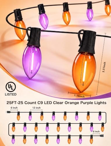 SUNSGNE 25FT C9 LED Halloween Lights Outdoor, 25 Orange and Purple Lights