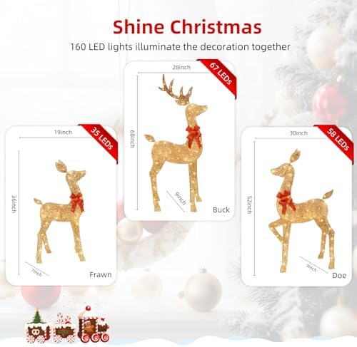 HOYECHI 5 FT Oversized Christmas Decorations Outdoor Lighted Reindeer – 3-Piece 2D Deer Family Set with 160 Warm White LED Lights for Yard, Lawn, Garden & Porch Holiday Display - Gold