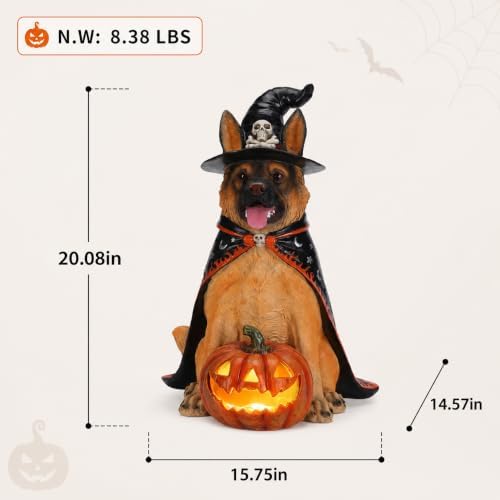 Halloween Large German Shepherd Statue with Glowing Pumpkin, Entrance Decor