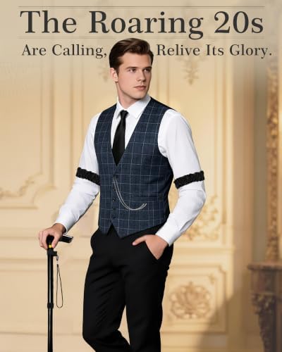 1920s Mens Costume, Roaring 20s Costumes for Men 1920s Mens Outfit with Walking Cane Vest Hat 1920 Mens Accessories