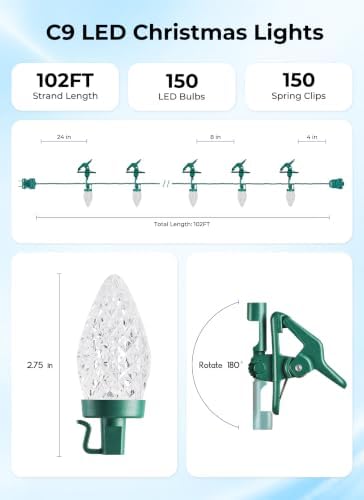 Brightown Christmas Lights Outdoor, 102FT 150LED C9 String Light with Clips