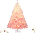 HAPPYGRILL 6 FT Pre-lit Flocked Christmas Tree Pink Hinged Xmas Tree with 820 Branch Tips, 250 Warm White LED Lights & Folding Metal Stand, for Home Office Carnival