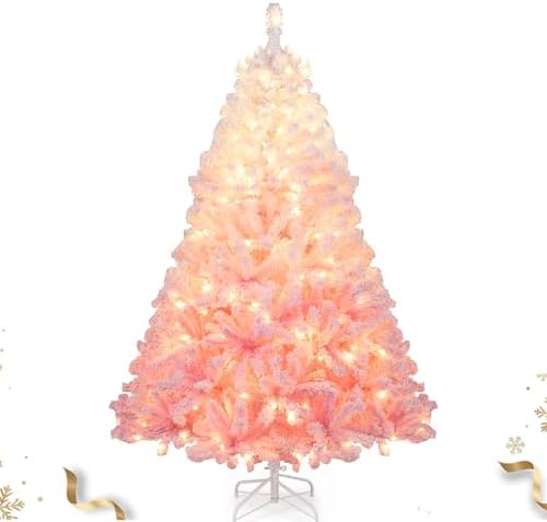 HAPPYGRILL 6 FT Pre-lit Flocked Christmas Tree Pink Hinged Xmas Tree with 820 Branch Tips, 250 Warm White LED Lights & Folding Metal Stand, for Home Office Carnival