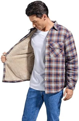 Men's Sherpa Cotton Flannel Shirt Jacket Plaid Button Coat Pocket