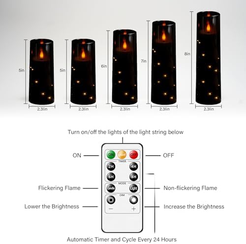kakoya Flameless LED Candles with Timer 5 Pc Flickering Flameless Candles for Romantic Ambiance and Home Decoration Stable Acrylic Shell,with Embedded Star String,Battery Operated Candles（Black）