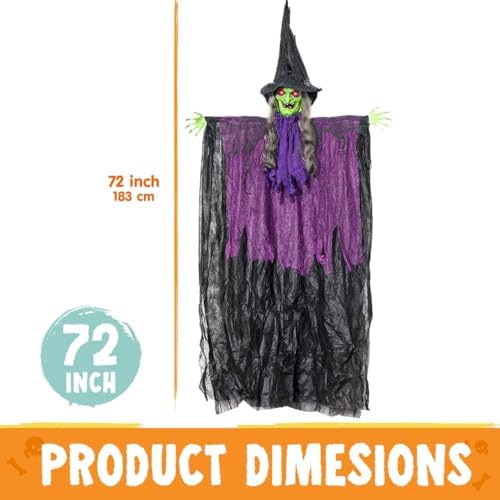 JOYIN 72” Halloween Hanging Witch Decorations Outdoor, Flying Ghost Decor Green Face Life Size Sound Activated Light Up Eyes Party Supplies for Garden Haunted House Front Porch Door Scary Modern