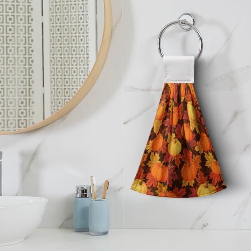Set of 2 Fall Pumpkin Maple Leaf Hanging Kitchen Towels Thanksgiving Autumn Harvest Hand Tie Towel with Hanging Loops Dish Towels Washcloth Soft Absorbent Bath Hand Towel