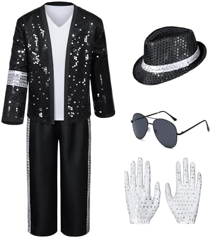Dance Star Kids Costume for Boys 80s 90s Pop Stage Cosplay Party Halloween Role Play Black 3-12 Years