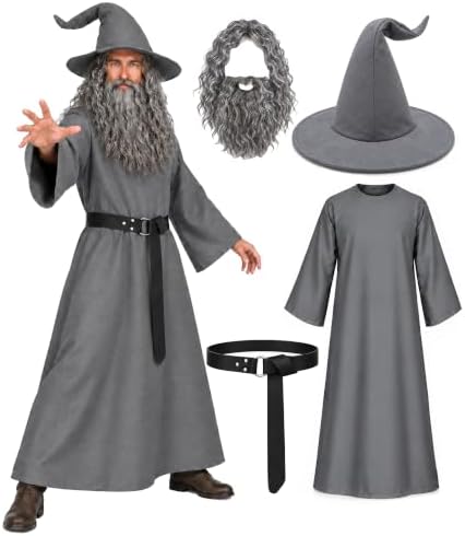 Wizard Halloween Costumes for Men with Gray Robe Hat Wig Beard