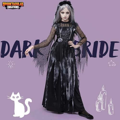 Spooktacular Creations Haunted Princess Costumes for Girls, Kids Scary Cemetery Bride Dress, Zombie Gothic Outfits with Headband for Halloween Ghost Role Playing Parties