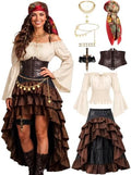 SOMSOC Pirate Costume Women Outfit with Renaissance Pirate Shirt Skirt Corset Waist Belt Accessories Set for Halloween